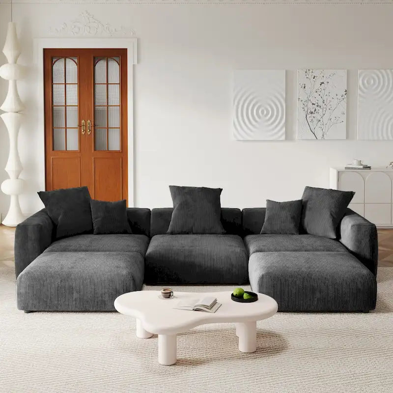 Divano componibile a U in velluto a coste, 5 posti con 5 cuscini, colore nero/beige/marrone chiaro