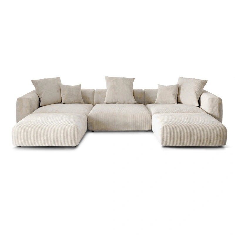 Divano componibile a U in velluto a coste, 5 posti con 5 cuscini, colore nero/beige/marrone chiaro