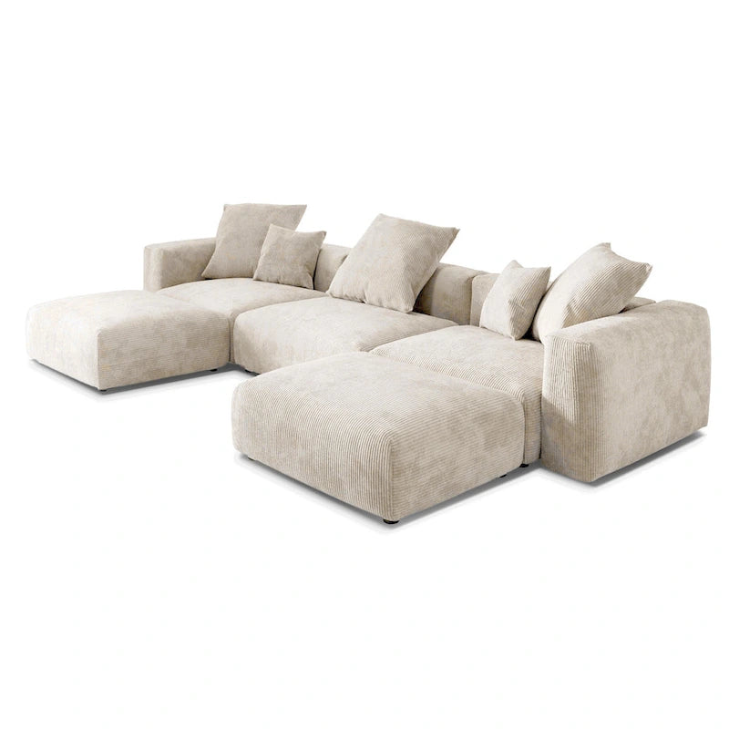Divano componibile a U in velluto a coste, 5 posti con 5 cuscini, colore nero/beige/marrone chiaro