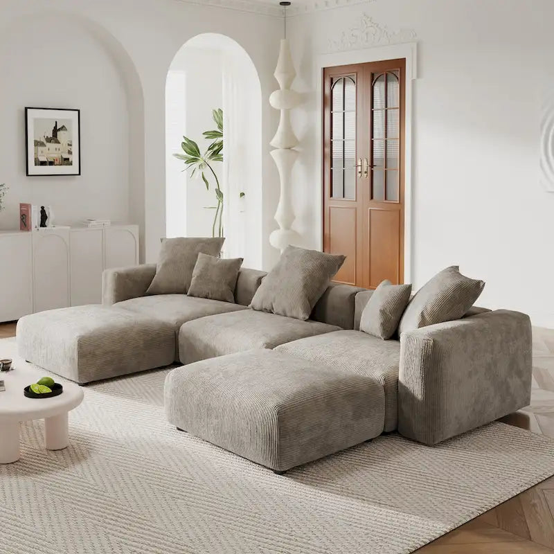Divano componibile a U in velluto a coste, 5 posti con 5 cuscini, colore nero/beige/marrone chiaro