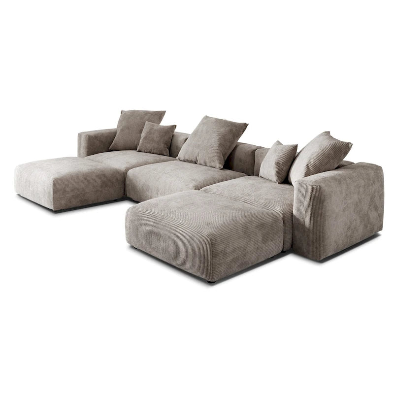 Divano componibile a U in velluto a coste, 5 posti con 5 cuscini, colore nero/beige/marrone chiaro