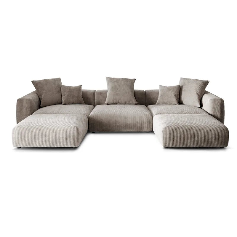 Divano componibile a U in velluto a coste, 5 posti con 5 cuscini, colore nero/beige/marrone chiaro