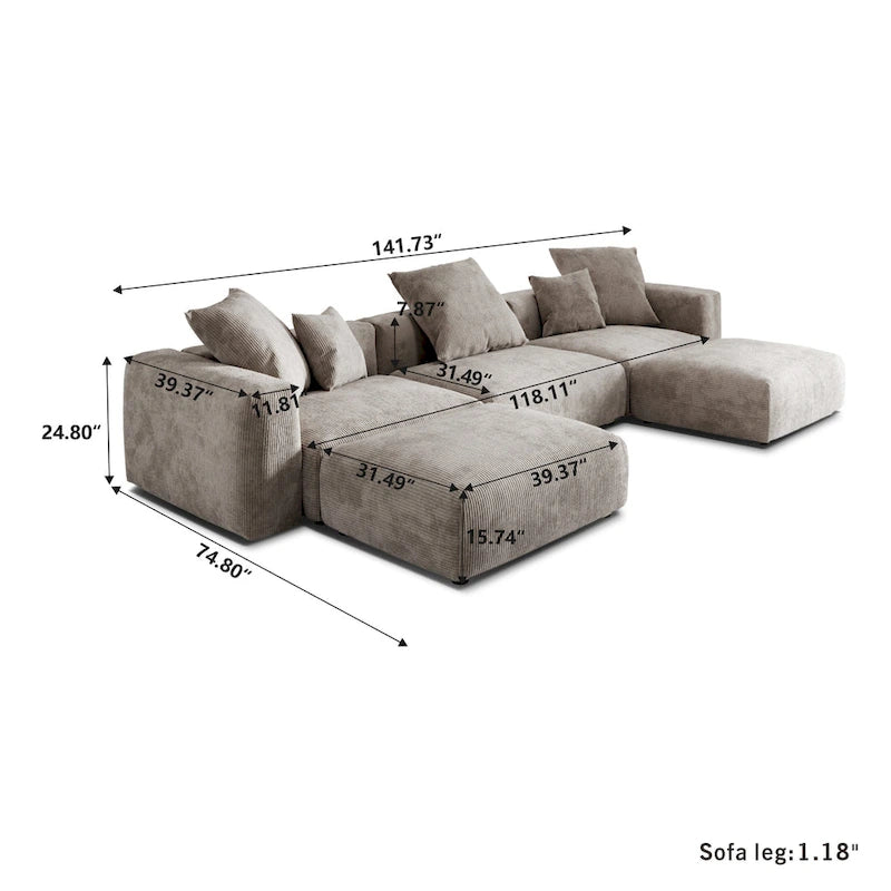 Divano componibile a U in velluto a coste, 5 posti con 5 cuscini, colore nero/beige/marrone chiaro