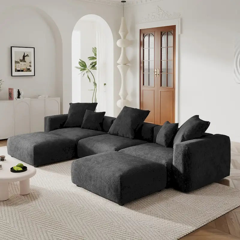 Divano componibile a U in velluto a coste, 5 posti con 5 cuscini, colore nero/beige/marrone chiaro