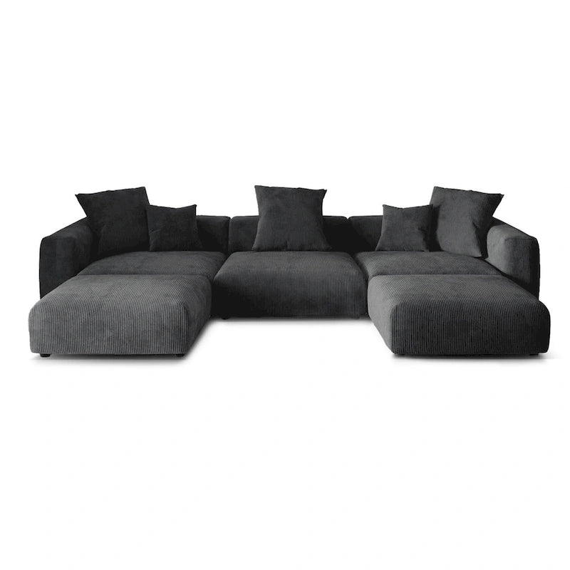 Divano componibile a U in velluto a coste, 5 posti con 5 cuscini, colore nero/beige/marrone chiaro