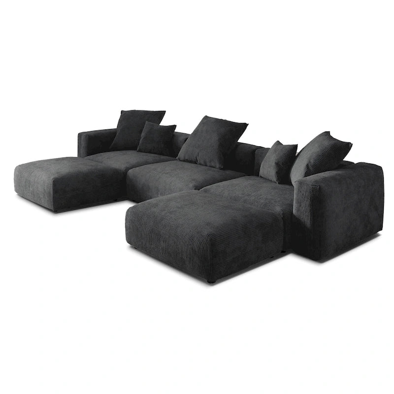 Divano componibile a U in velluto a coste, 5 posti con 5 cuscini, colore nero/beige/marrone chiaro