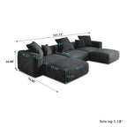 Divano componibile a U in velluto a coste, 5 posti con 5 cuscini, colore nero/beige/marrone chiaro