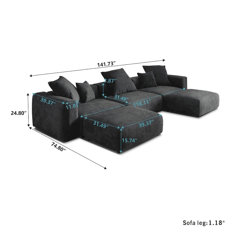 Divano componibile a U in velluto a coste, 5 posti con 5 cuscini, colore nero/beige/marrone chiaro
