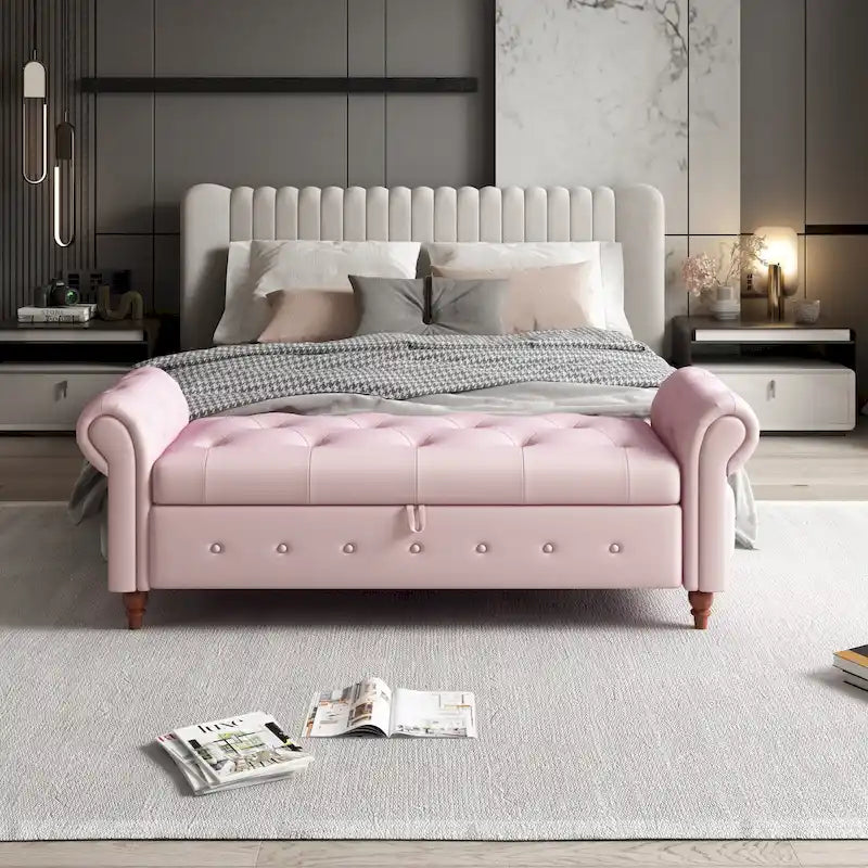 Panca Pouf Contenitore in Tessuto con Braccioli Arrotondati, Bianco Crema / Rosa / Beige / Giallo / Grigio Scuro / Blu Navy / Verde Scuro, 1 Posto