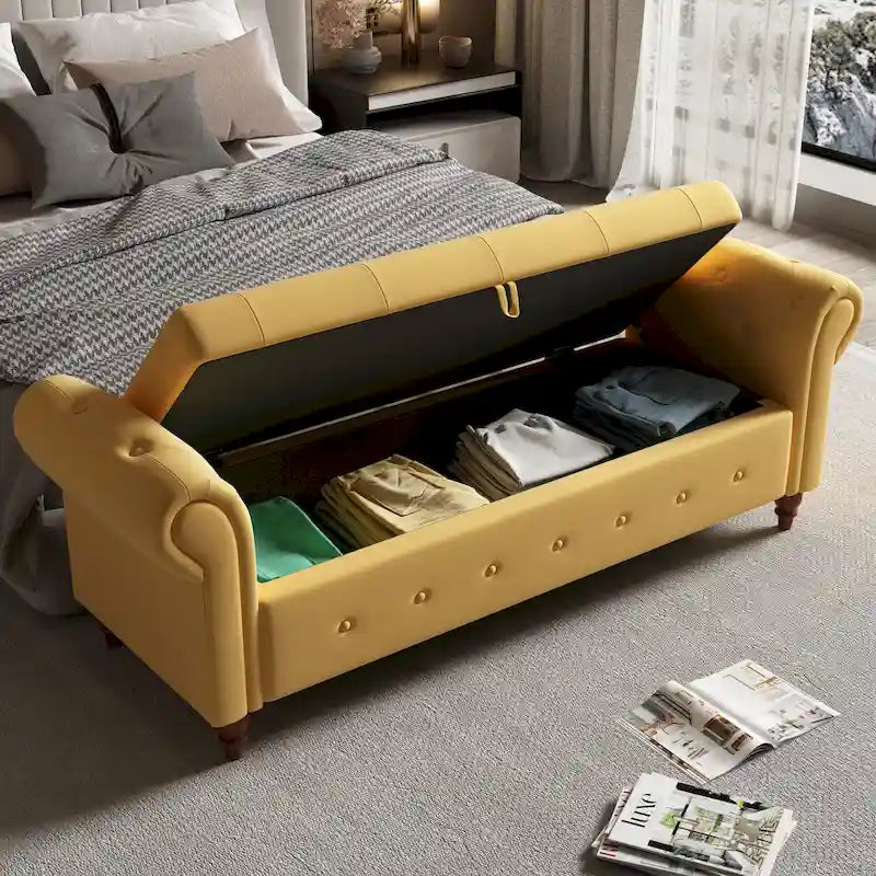 Panca Pouf Contenitore in Tessuto con Braccioli Arrotondati, Bianco Crema / Rosa / Beige / Giallo / Grigio Scuro / Blu Navy / Verde Scuro, 1 Posto