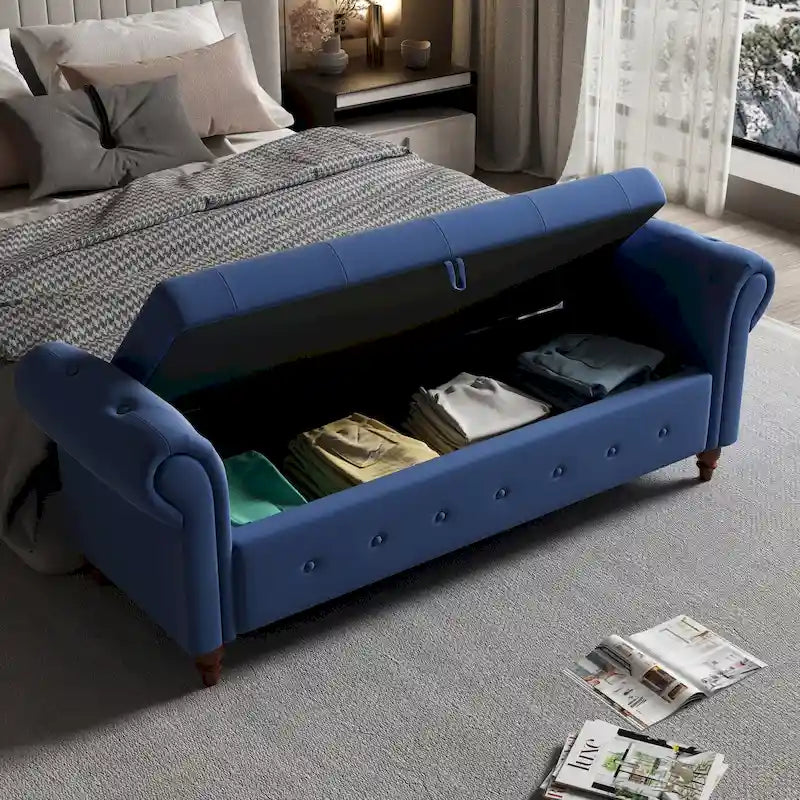 Panca Pouf Contenitore in Tessuto con Braccioli Arrotondati, Bianco Crema / Rosa / Beige / Giallo / Grigio Scuro / Blu Navy / Verde Scuro, 1 Posto