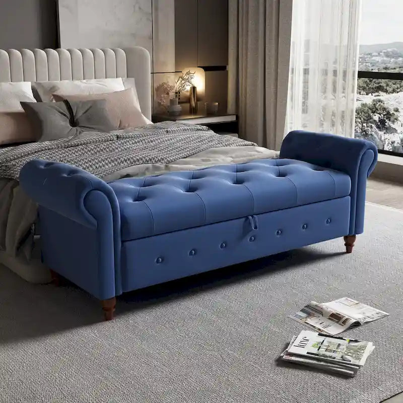 Panca Pouf Contenitore in Tessuto con Braccioli Arrotondati, Bianco Crema / Rosa / Beige / Giallo / Grigio Scuro / Blu Navy / Verde Scuro, 1 Posto