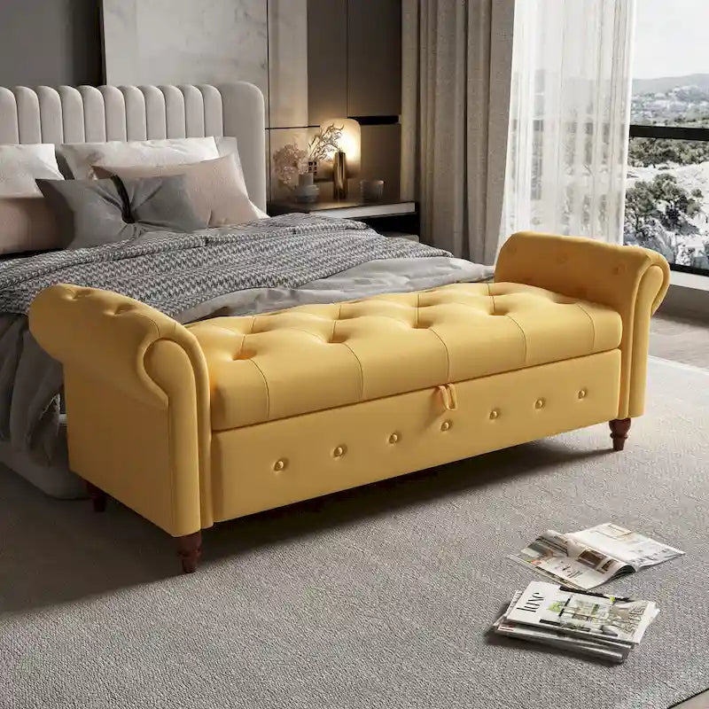 Panca Pouf Contenitore in Tessuto con Braccioli Arrotondati, Bianco Crema / Rosa / Beige / Giallo / Grigio Scuro / Blu Navy / Verde Scuro, 1 Posto