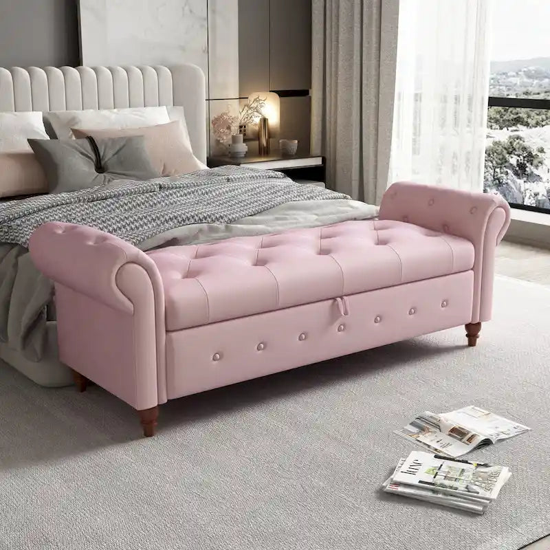Panca Pouf Contenitore in Tessuto con Braccioli Arrotondati, Bianco Crema / Rosa / Beige / Giallo / Grigio Scuro / Blu Navy / Verde Scuro, 1 Posto