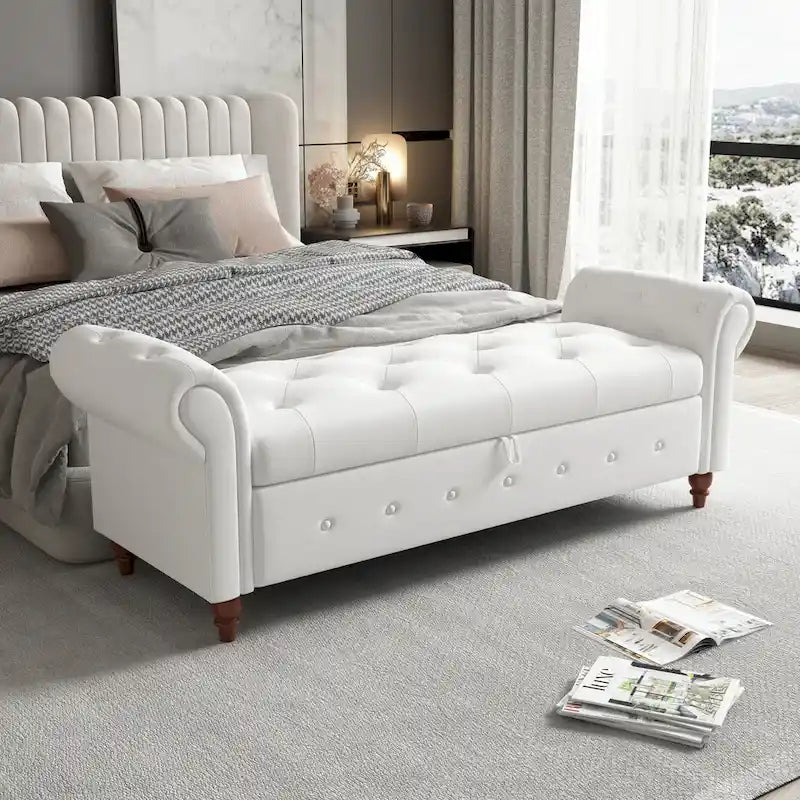 Panca Pouf Contenitore in Tessuto con Braccioli Arrotondati, Bianco Crema / Rosa / Beige / Giallo / Grigio Scuro / Blu Navy / Verde Scuro, 1 Posto