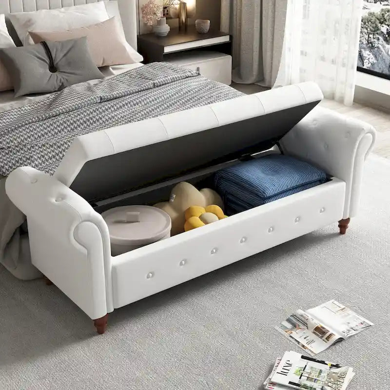 Panca Pouf Contenitore in Tessuto con Braccioli Arrotondati, Bianco Crema / Rosa / Beige / Giallo / Grigio Scuro / Blu Navy / Verde Scuro, 1 Posto