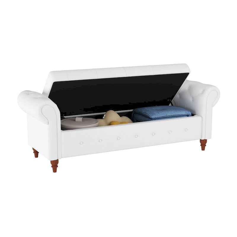 Panca Pouf Contenitore in Tessuto con Braccioli Arrotondati, Bianco Crema / Rosa / Beige / Giallo / Grigio Scuro / Blu Navy / Verde Scuro, 1 Posto