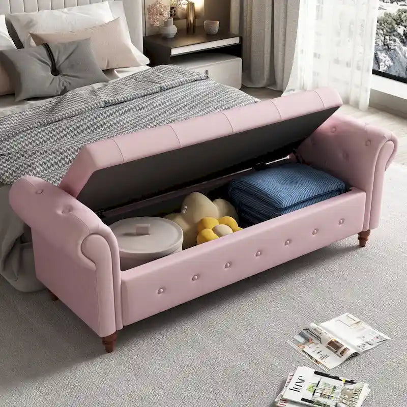 Panca Pouf Contenitore in Tessuto con Braccioli Arrotondati, Bianco Crema / Rosa / Beige / Giallo / Grigio Scuro / Blu Navy / Verde Scuro, 1 Posto