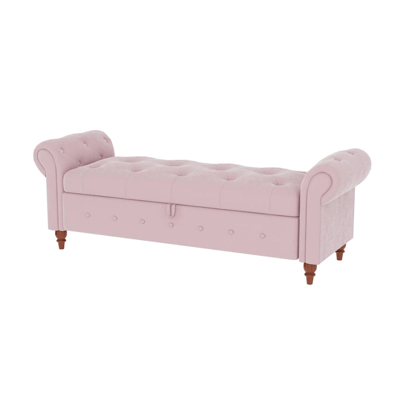 Panca Pouf Contenitore in Tessuto con Braccioli Arrotondati, Bianco Crema / Rosa / Beige / Giallo / Grigio Scuro / Blu Navy / Verde Scuro, 1 Posto