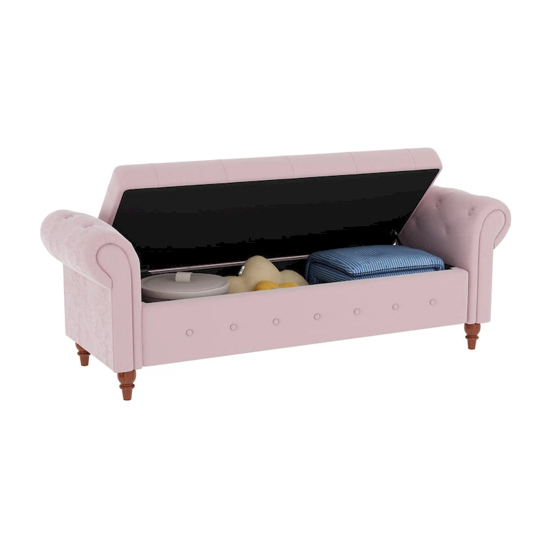 Panca Pouf Contenitore in Tessuto con Braccioli Arrotondati, Bianco Crema / Rosa / Beige / Giallo / Grigio Scuro / Blu Navy / Verde Scuro, 1 Posto