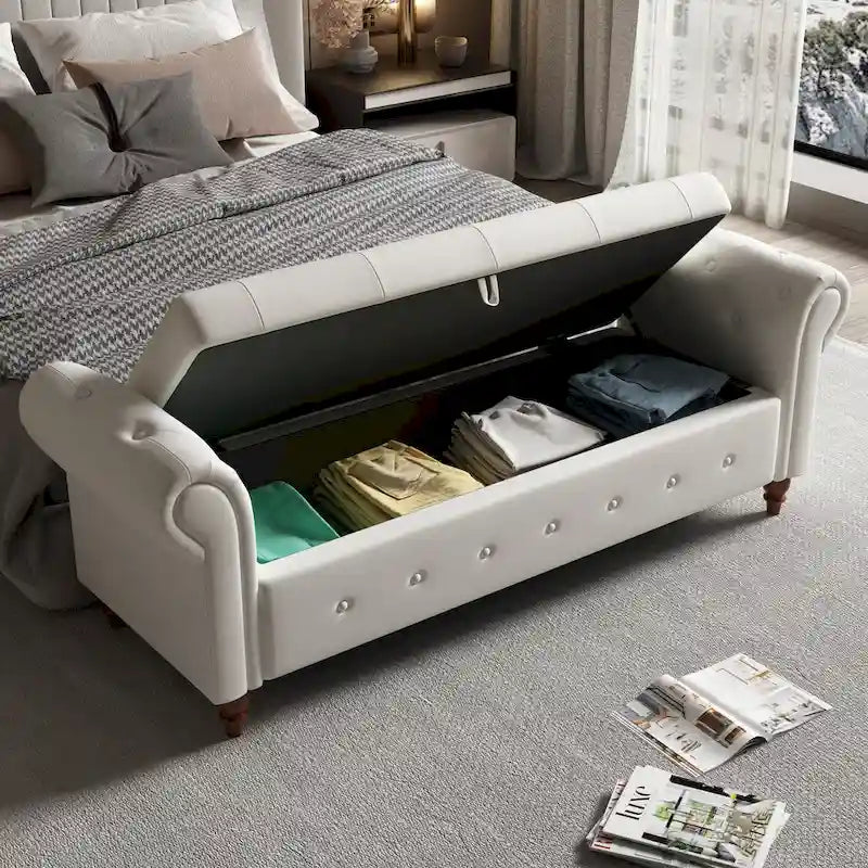 Panca Pouf Contenitore in Tessuto con Braccioli Arrotondati, Bianco Crema / Rosa / Beige / Giallo / Grigio Scuro / Blu Navy / Verde Scuro, 1 Posto