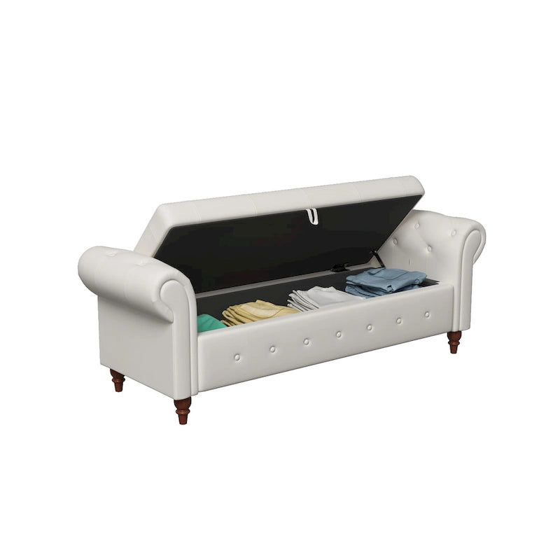 Panca Pouf Contenitore in Tessuto con Braccioli Arrotondati, Bianco Crema / Rosa / Beige / Giallo / Grigio Scuro / Blu Navy / Verde Scuro, 1 Posto