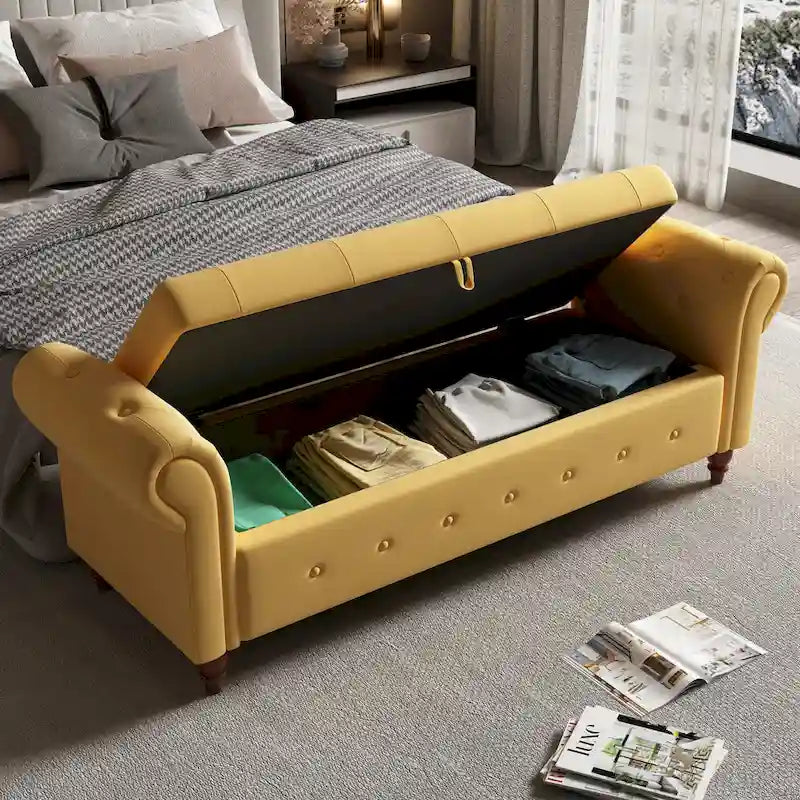 Panca Pouf Contenitore in Tessuto con Braccioli Arrotondati, Bianco Crema / Rosa / Beige / Giallo / Grigio Scuro / Blu Navy / Verde Scuro, 1 Posto