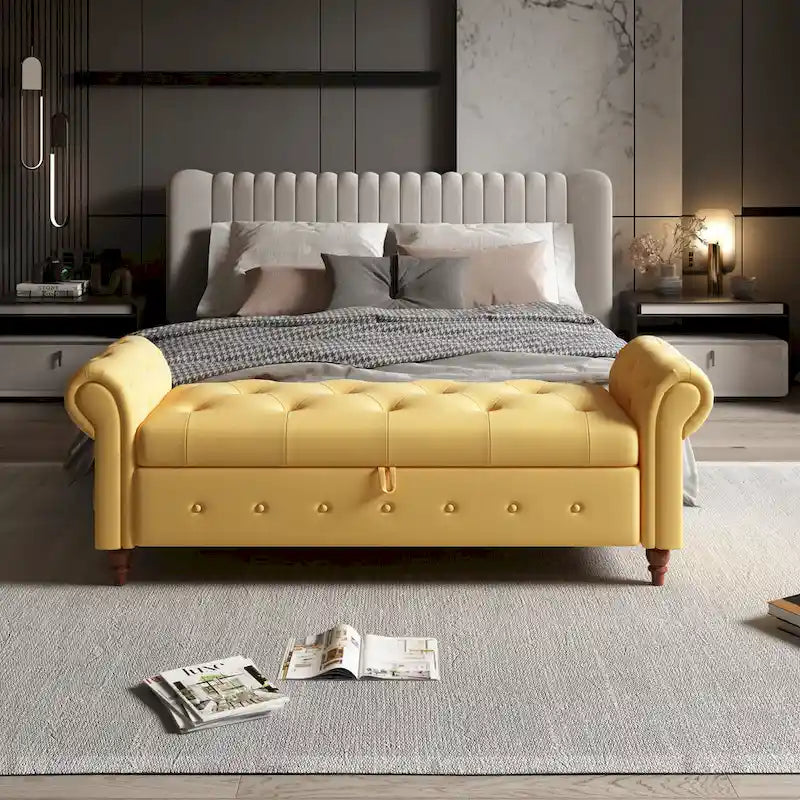 Panca Pouf Contenitore in Tessuto con Braccioli Arrotondati, Bianco Crema / Rosa / Beige / Giallo / Grigio Scuro / Blu Navy / Verde Scuro, 1 Posto