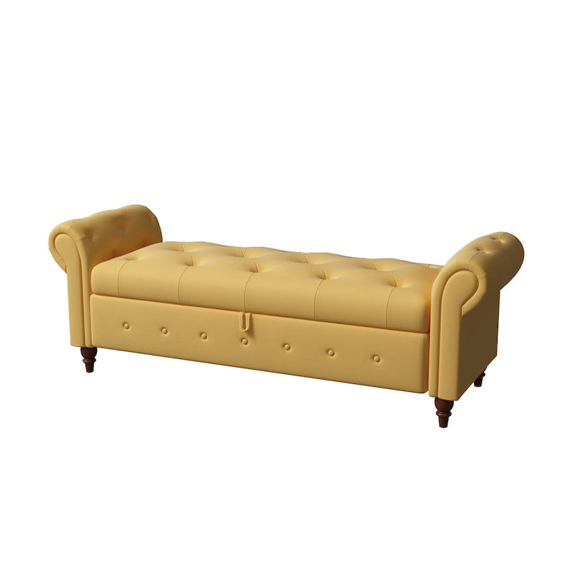 Panca Pouf Contenitore in Tessuto con Braccioli Arrotondati, Bianco Crema / Rosa / Beige / Giallo / Grigio Scuro / Blu Navy / Verde Scuro, 1 Posto