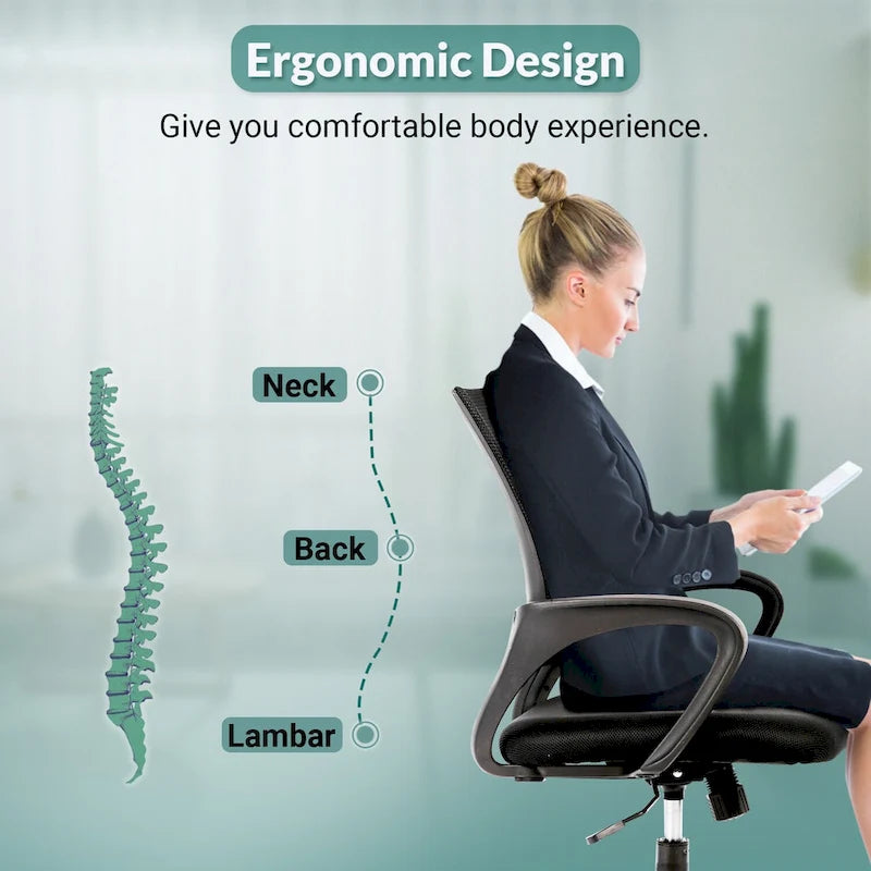 Sedia da ufficio girevole ergonomica nera, schienale in rete, sedile singolo