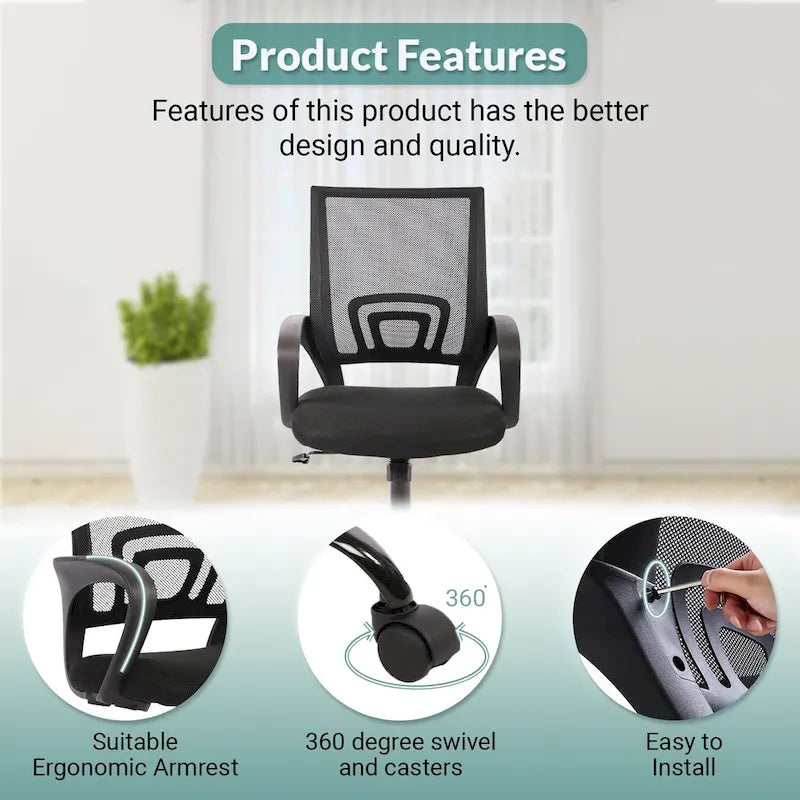 Sedia da ufficio girevole ergonomica nera, schienale in rete, sedile singolo