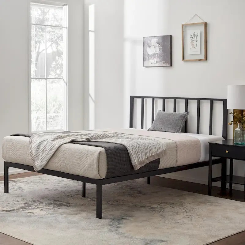 Letto a piattaforma in metallo con testiera a barre verticali – Nero / Oro / Bianco / Grigio – Singolo / Matrimoniale / Queen / King – 1 persona
