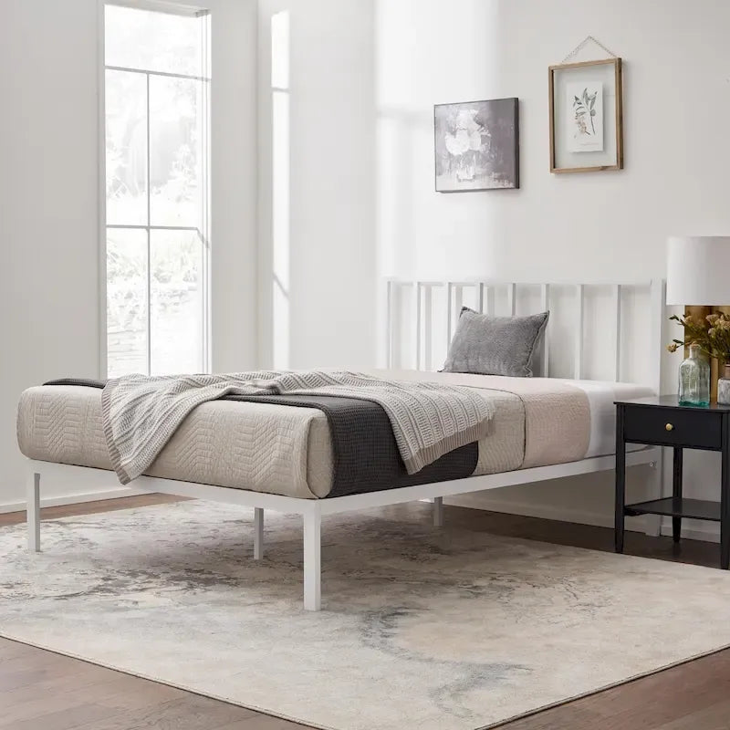 Letto a piattaforma in metallo con testiera a barre verticali – Nero / Oro / Bianco / Grigio – Singolo / Matrimoniale / Queen / King – 1 persona