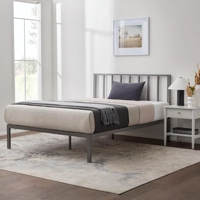 Letto a piattaforma in metallo con testiera a barre verticali – Nero / Oro / Bianco / Grigio – Singolo / Matrimoniale / Queen / King – 1 persona