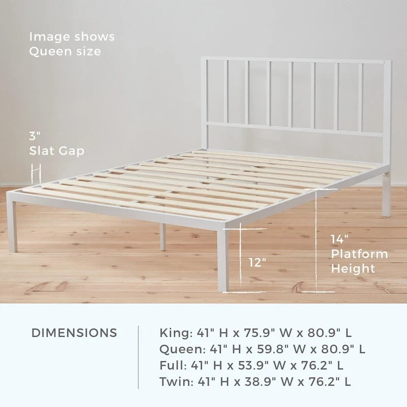Letto a piattaforma in metallo con testiera a barre verticali – Nero / Oro / Bianco / Grigio – Singolo / Matrimoniale / Queen / King – 1 persona