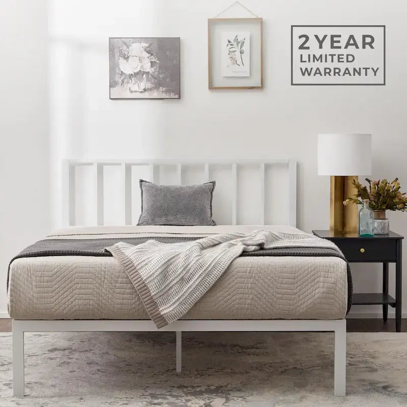 Letto a piattaforma in metallo con testiera a barre verticali – Nero / Oro / Bianco / Grigio – Singolo / Matrimoniale / Queen / King – 1 persona