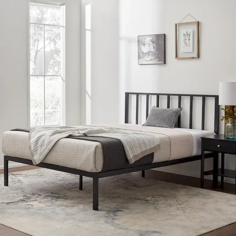 Letto a piattaforma in metallo con testiera a barre verticali – Nero / Oro / Bianco / Grigio – Singolo / Matrimoniale / Queen / King – 1 persona