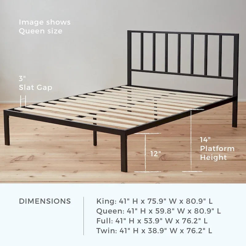 Letto a piattaforma in metallo con testiera a barre verticali – Nero / Oro / Bianco / Grigio – Singolo / Matrimoniale / Queen / King – 1 persona