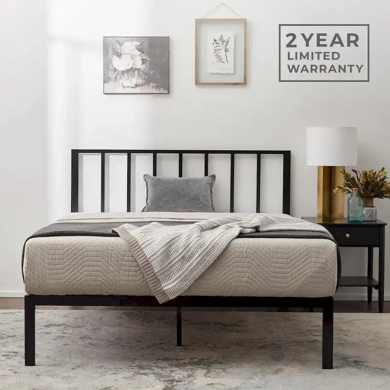 Letto a piattaforma in metallo con testiera a barre verticali – Nero / Oro / Bianco / Grigio – Singolo / Matrimoniale / Queen / King – 1 persona