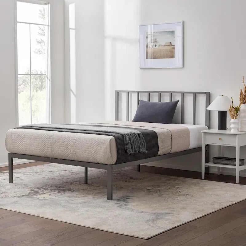 Letto a piattaforma in metallo con testiera a barre verticali – Nero / Oro / Bianco / Grigio – Singolo / Matrimoniale / Queen / King – 1 persona