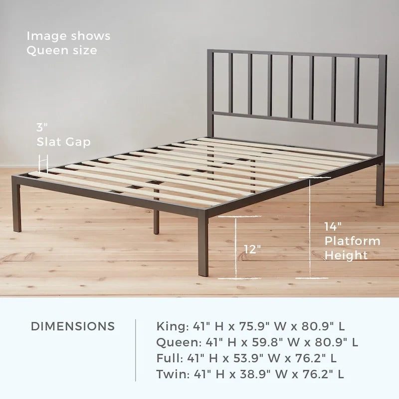 Letto a piattaforma in metallo con testiera a barre verticali – Nero / Oro / Bianco / Grigio – Singolo / Matrimoniale / Queen / King – 1 persona