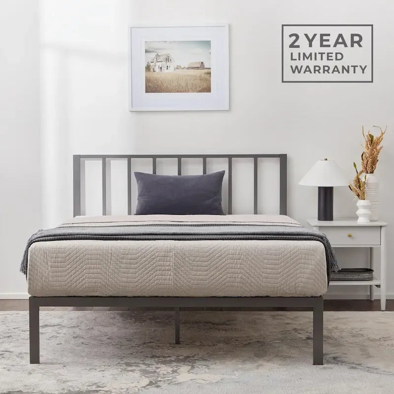 Letto a piattaforma in metallo con testiera a barre verticali – Nero / Oro / Bianco / Grigio – Singolo / Matrimoniale / Queen / King – 1 persona