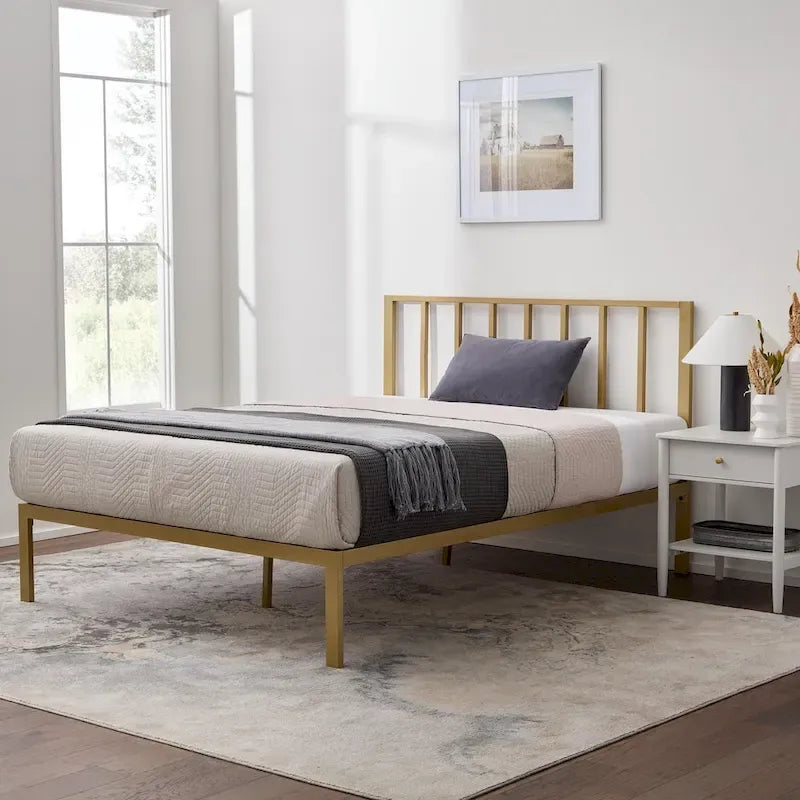 Letto a piattaforma in metallo con testiera a barre verticali – Nero / Oro / Bianco / Grigio – Singolo / Matrimoniale / Queen / King – 1 persona