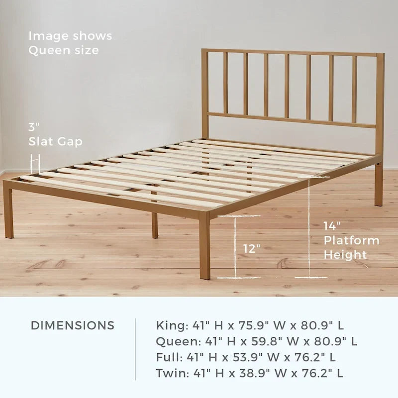 Letto a piattaforma in metallo con testiera a barre verticali – Nero / Oro / Bianco / Grigio – Singolo / Matrimoniale / Queen / King – 1 persona
