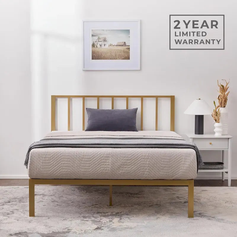 Letto a piattaforma in metallo con testiera a barre verticali – Nero / Oro / Bianco / Grigio – Singolo / Matrimoniale / Queen / King – 1 persona