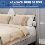 Struttura letto in tessuto beige/grigio con testiera ad alette e 4 cassetti contenitore — Queen e King