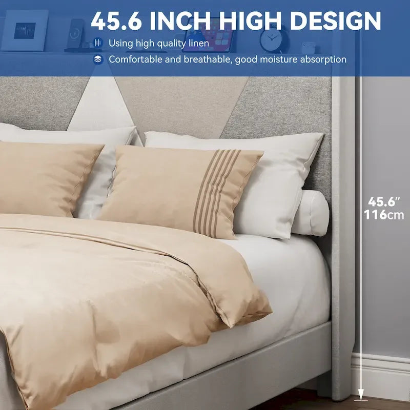 Struttura letto in tessuto beige/grigio con testiera ad alette e 4 cassetti contenitore — Queen e King