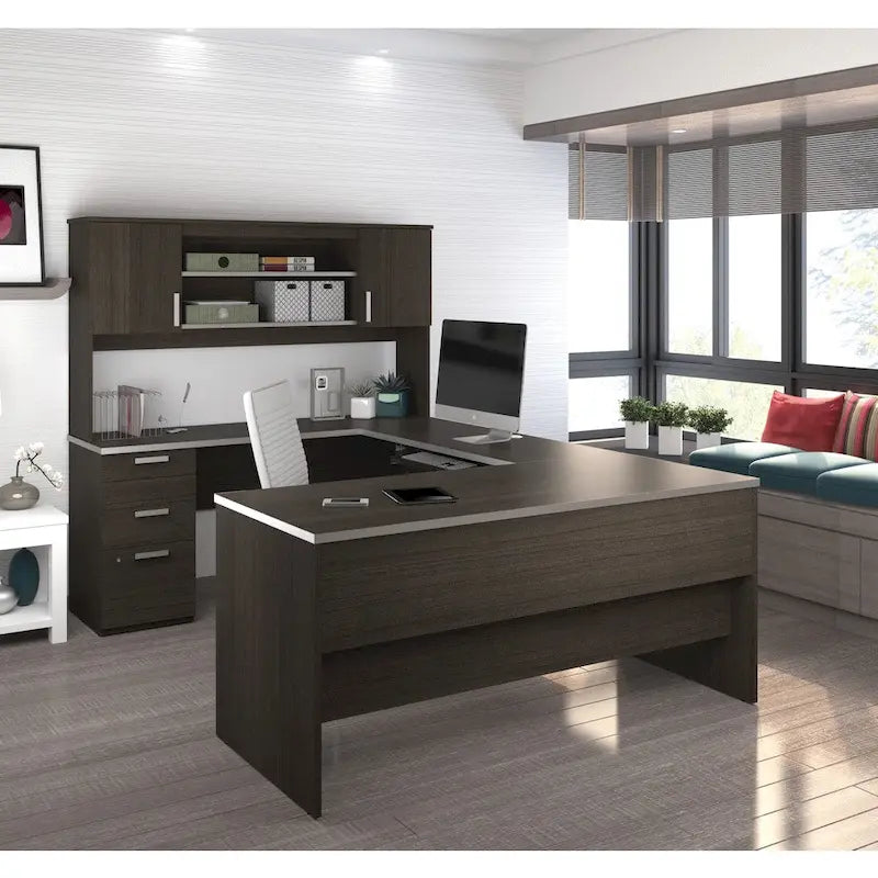 Scrivania direzionale a U in cioccolato fondente/cioccolato bianco e cioccolato fondente con credenza e mobiletto, assemblaggio a 2 persone