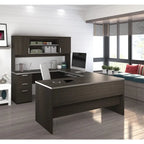Scrivania direzionale a U in cioccolato fondente/cioccolato bianco e cioccolato fondente con credenza e mobiletto, assemblaggio a 2 persone