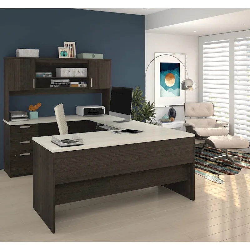 Scrivania direzionale a U in cioccolato fondente/cioccolato bianco e cioccolato fondente con credenza e mobiletto, assemblaggio a 2 persone